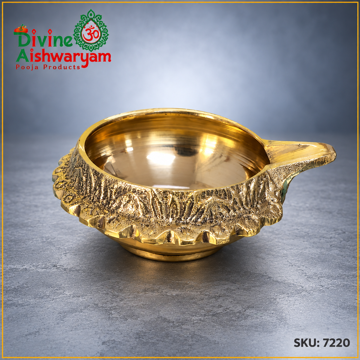 Brass Single-Wick Deepam – Ornate Floral Rim – SKU 7220 – side view