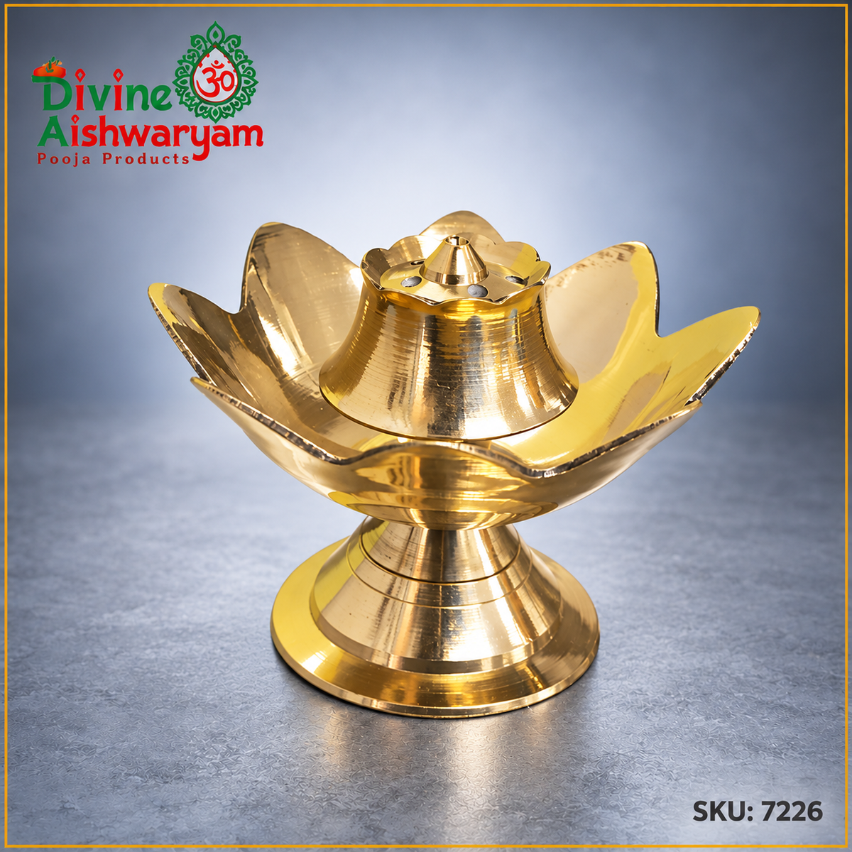 Brass Agarbatti Stand – Wide Lotus Petals – SKU 7226 – side view