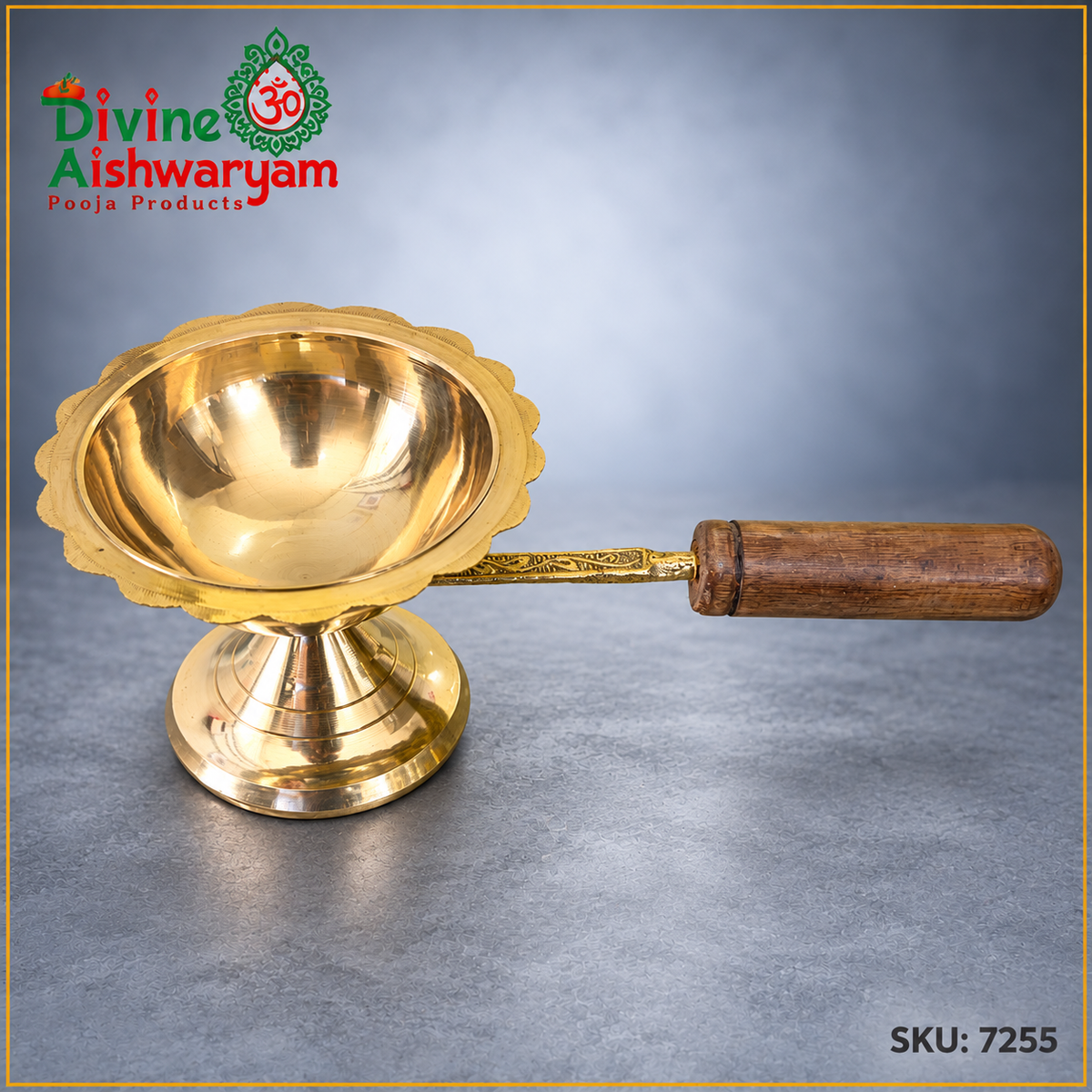 Brass Sambrani Dhoopakal – Burner with Wooden Handle – SKU 7255 on slate-gray background