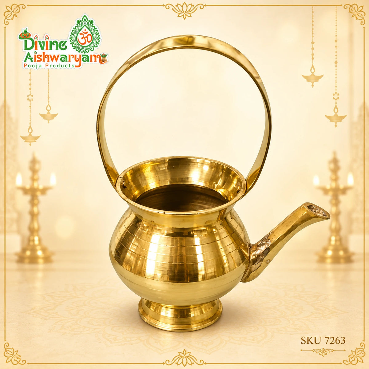 Traditional Brass Pooja Water Pot with Handle & Spout – Large - SKU 7272