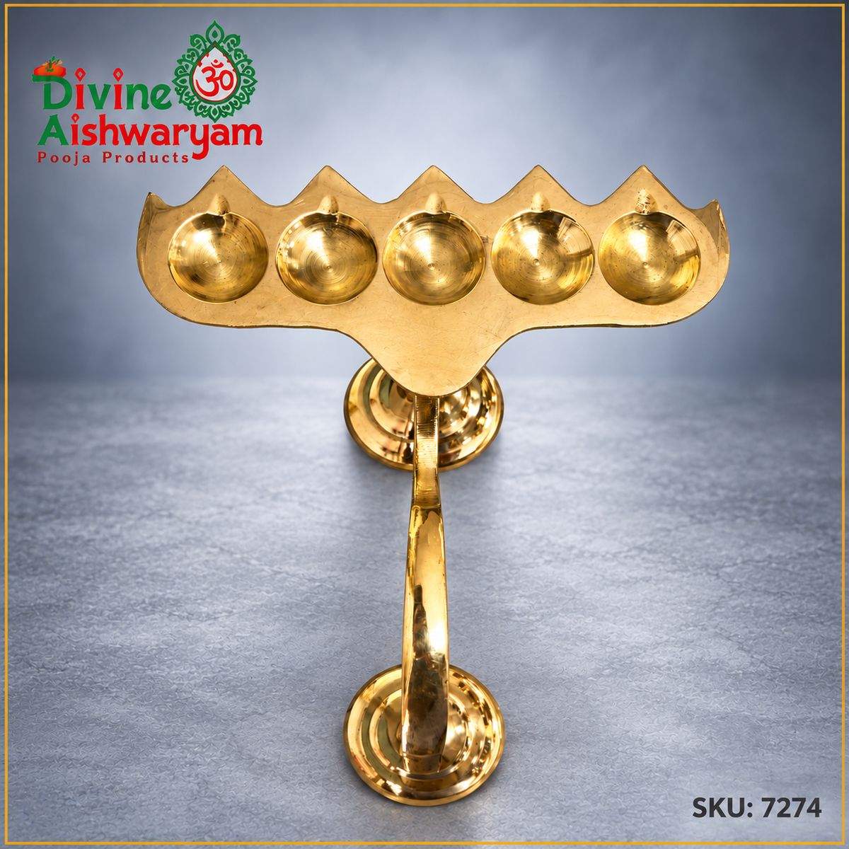 Brass Pancha Aarti lamp with five cups in a row, overhead view, SKU 7274
