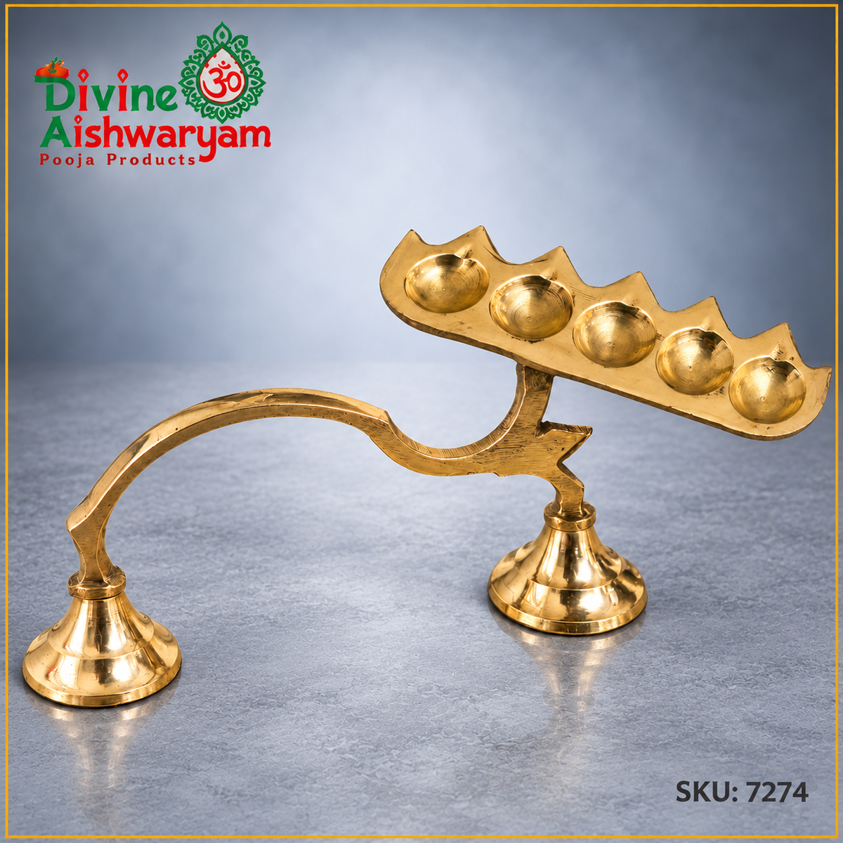 Brass Pancha Aarti five-cup lamp with curved handle and two supporting feet, side view, SKU 7274