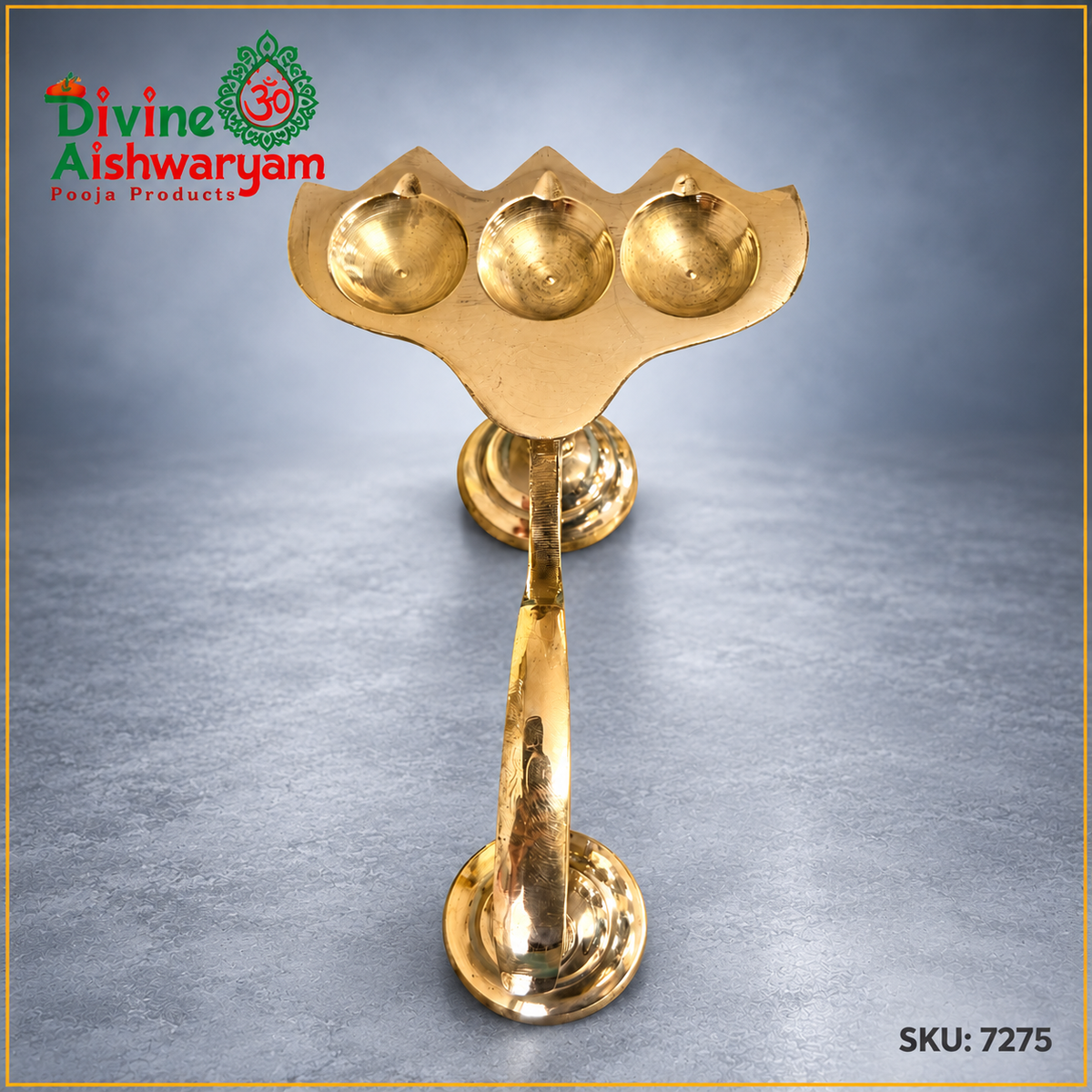 Brass three-face aarti lamp with three cups, curved handle and two supporting feet, SKU 7275