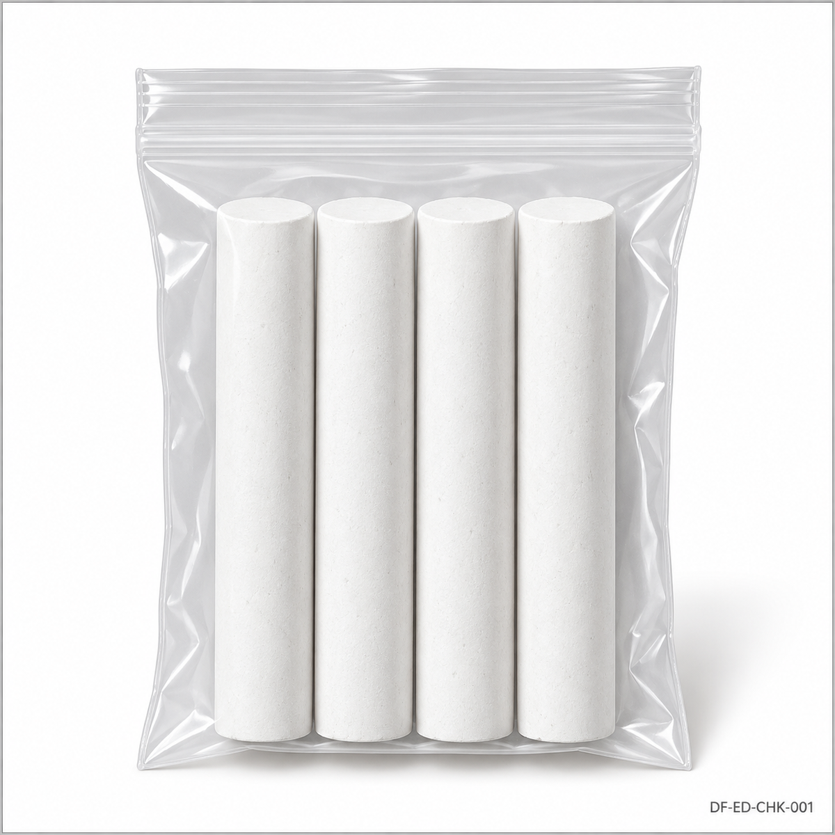 Representative four-piece white chalk pack in a closed clear resealable bag