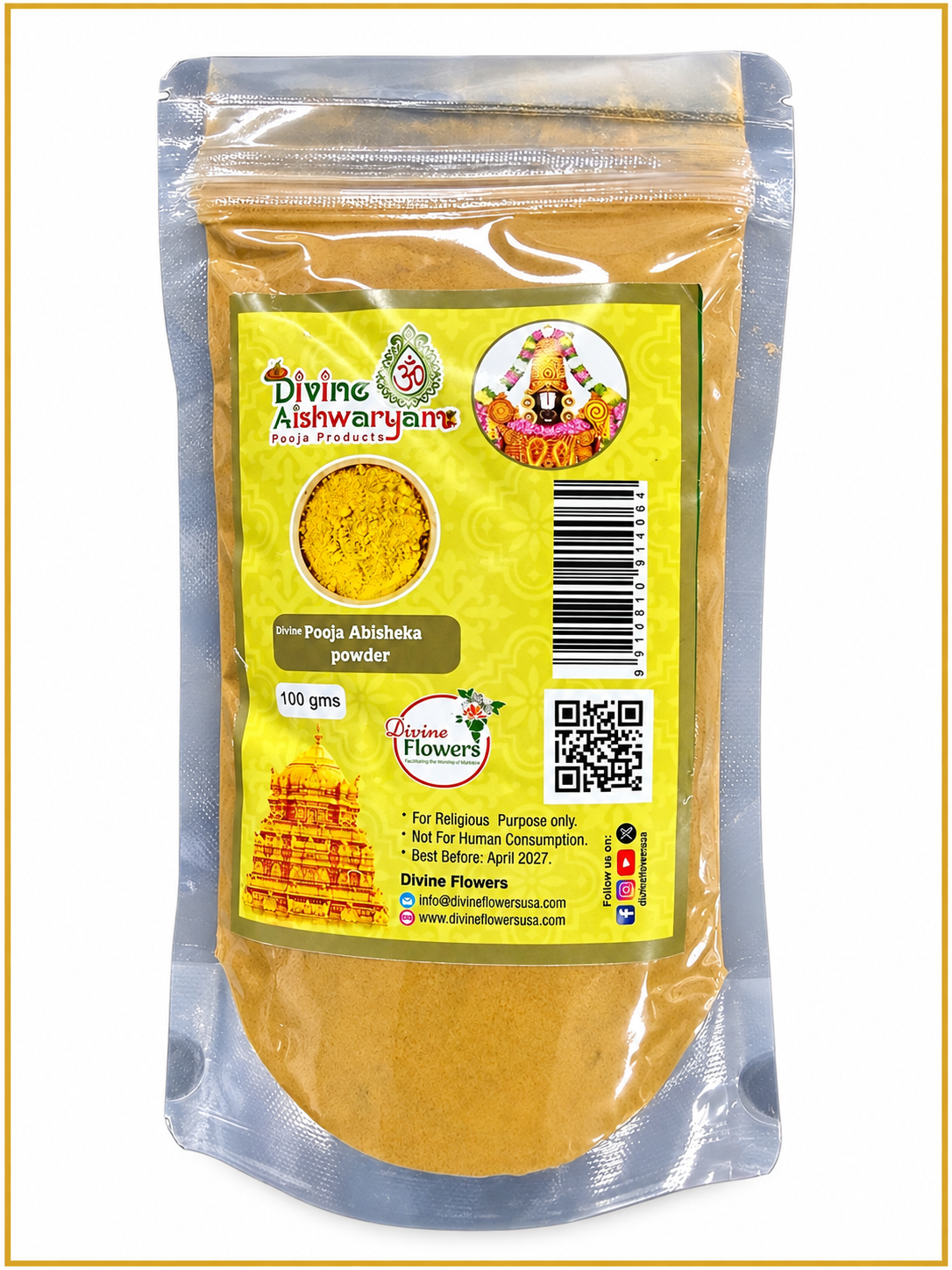 Pooja Abhisheka Powder (Thirumanjanam Podi) — 100 g on clean white background