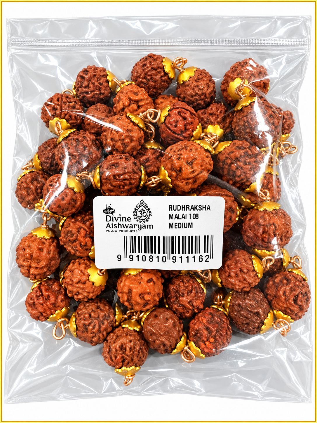 Rudraksha Mala (Rudhraksha Malai) — Medium · 108 beads on clean white background