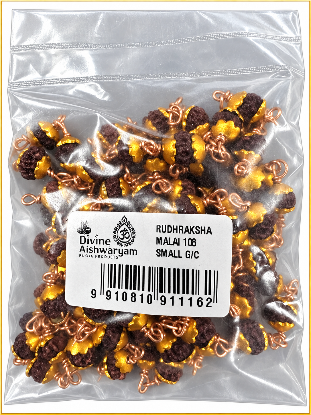 Rudraksha Mala (Rudhraksha Malai) — Small G/C · 108 beads on clean white background