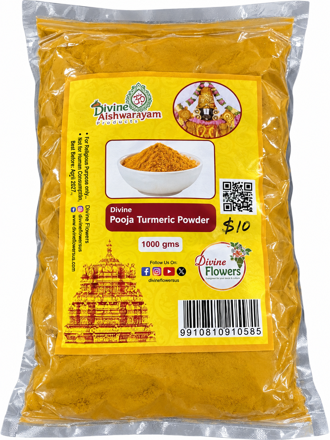 Pooja Turmeric Powder (Haldi / Manjal / Pasupu Podi) — 1000 g on clean white background