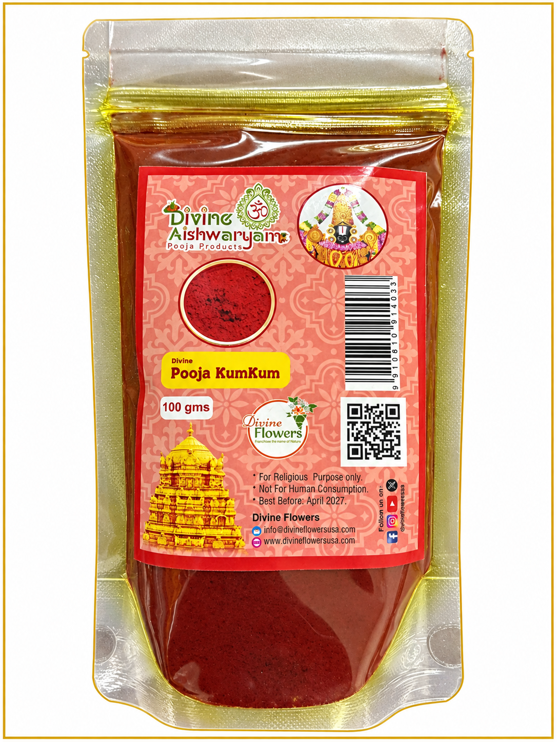 Pooja Kumkum (Kungumam / Kumkuma) — 100 g on clean white background