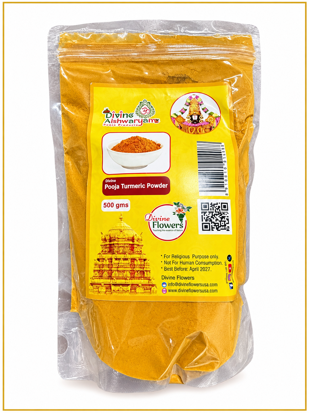 Pooja Turmeric Powder (Haldi / Manjal / Pasupu Podi) — 500 g on clean white background